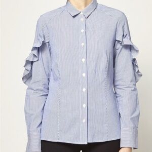 SEA New York Blue Striped Ruffle Wrap Tie Back Blouse Top Button Down